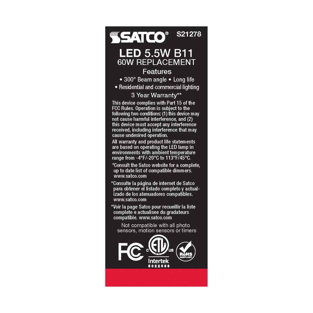 SATCO-NUVO Satco S21278 LED Lamp Power 5.5 Watt Size B11 Replacement MPN