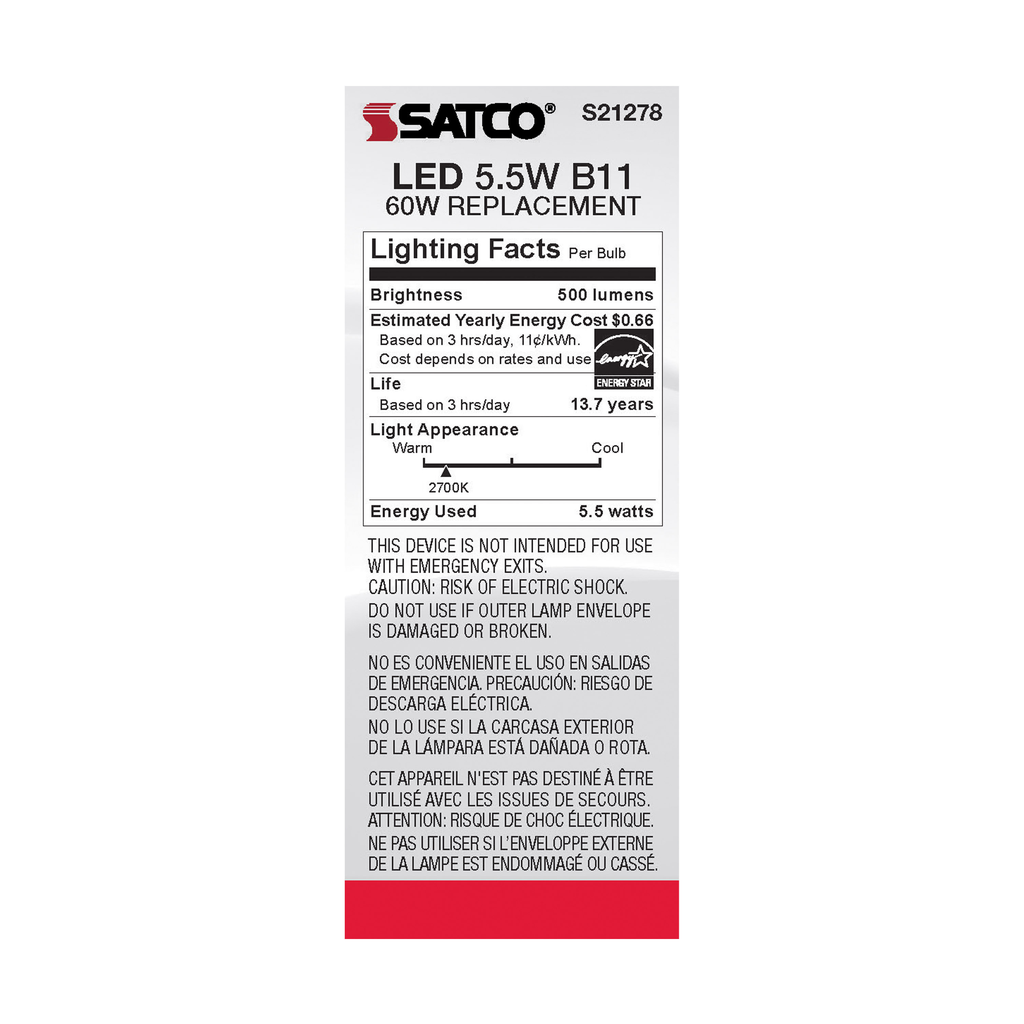 SATCO-NUVO Satco S21278 LED Lamp Power 5.5 Watt Size B11 Replacement MPN