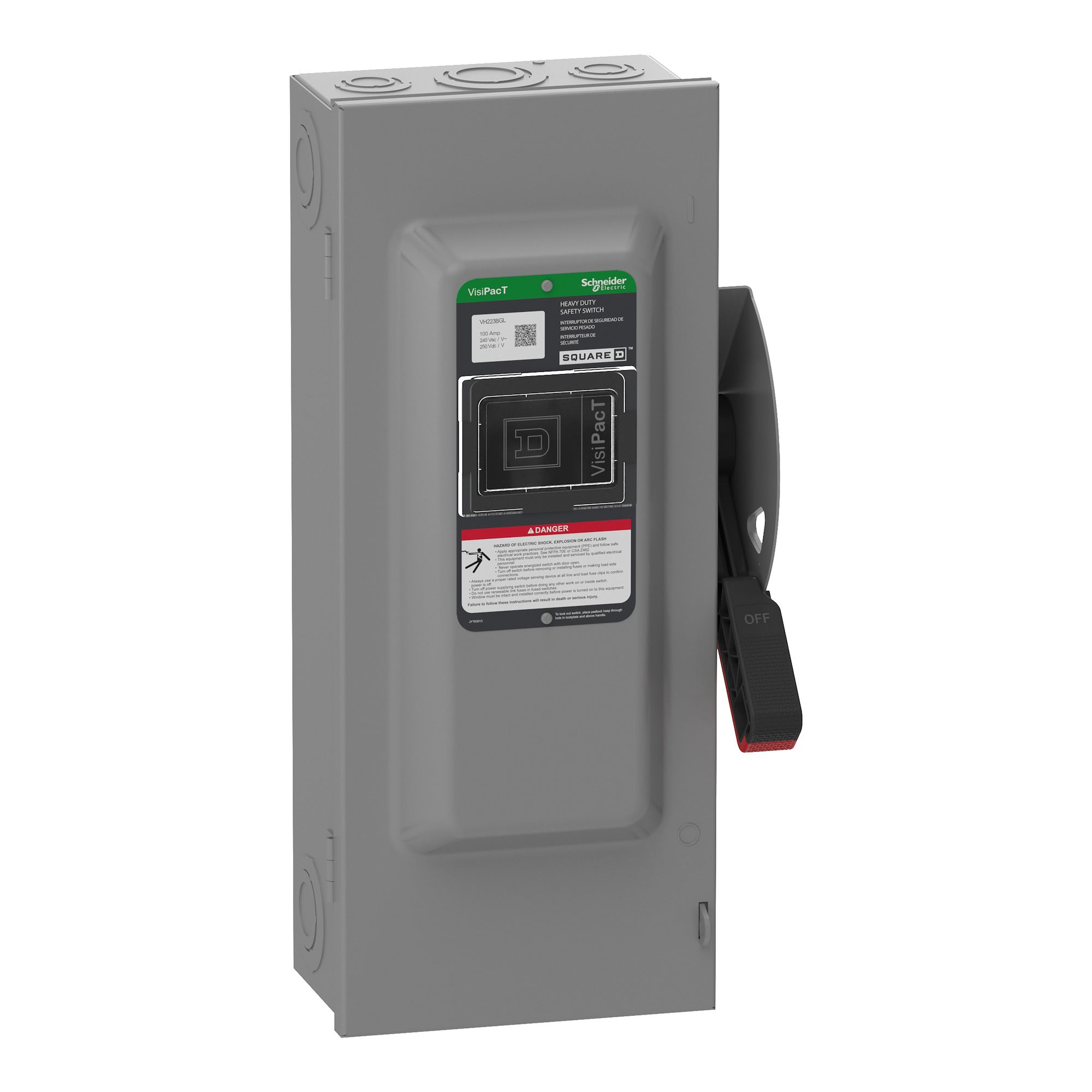 SCHNEIDER ELECTRIC Square D VH323N Safety Switch, Heavy Duty, Fused, Viewing Window, Type 1, 240V, 100A, 3 Pole, Neutral Installed