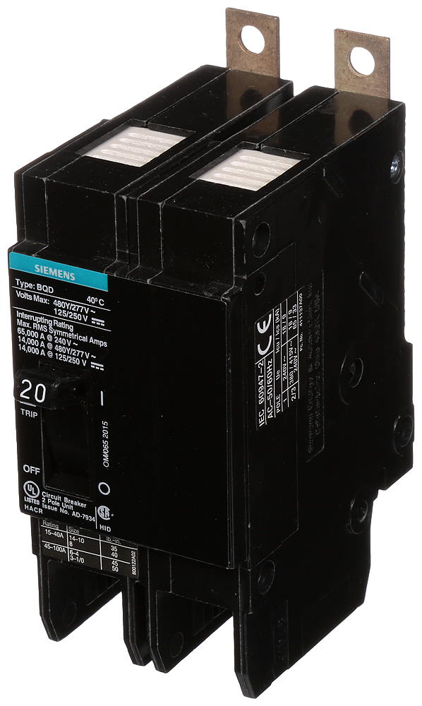 SIEMENS Siemens BQD220 2-Pole 20 Amp 480 VAC 14 kA Circuit Breaker