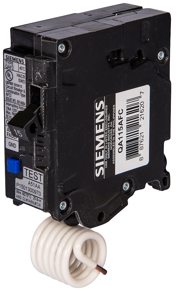 SIEMENS Siemens QA115AFC 1-Pole 15A 120V AC Combination Arc Fault Circuit Interrupter (AFCI) Breaker, Plug-On, 10kA