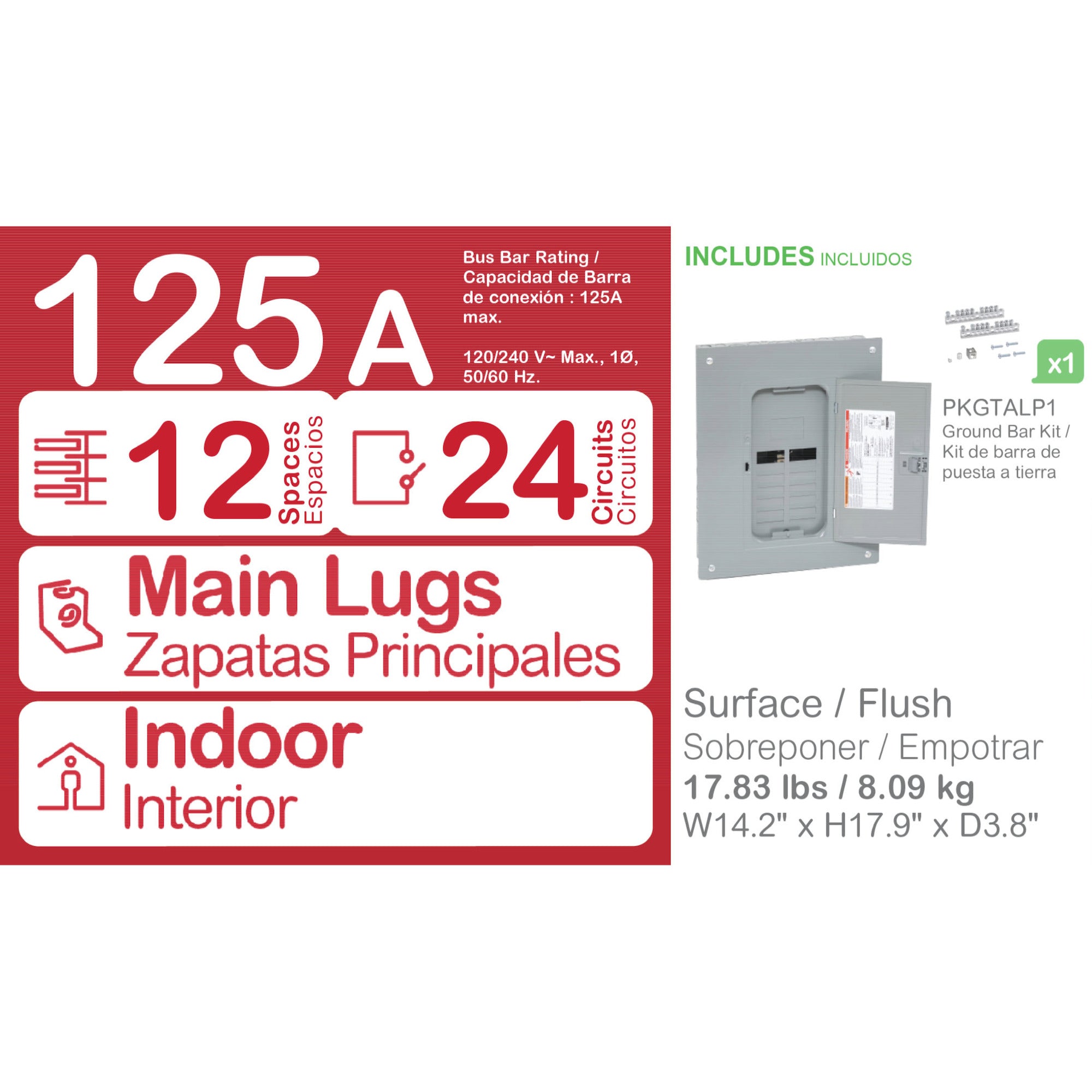 SCHNEIDER ELECTRIC Square D HOM1224L125PGC 120/240 VAC 125 Amp 1-Phase 12-Space 24-Circuit NEMA 1 Load Center