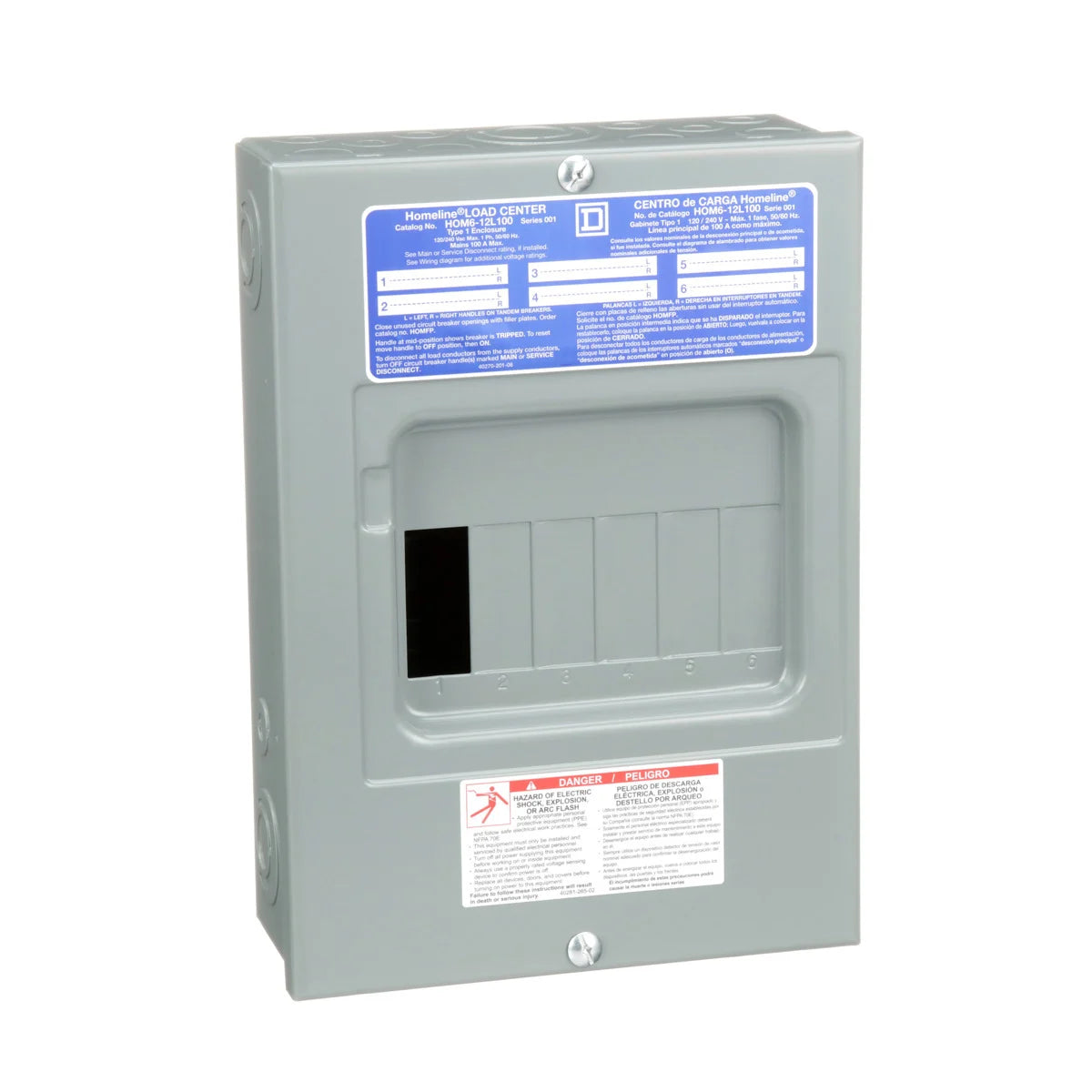 SCHNEIDER ELECTRIC Square D HOM612L100S Load Center 100 Amp 1 Phase 6 Space 12 Circuit NEMA 1