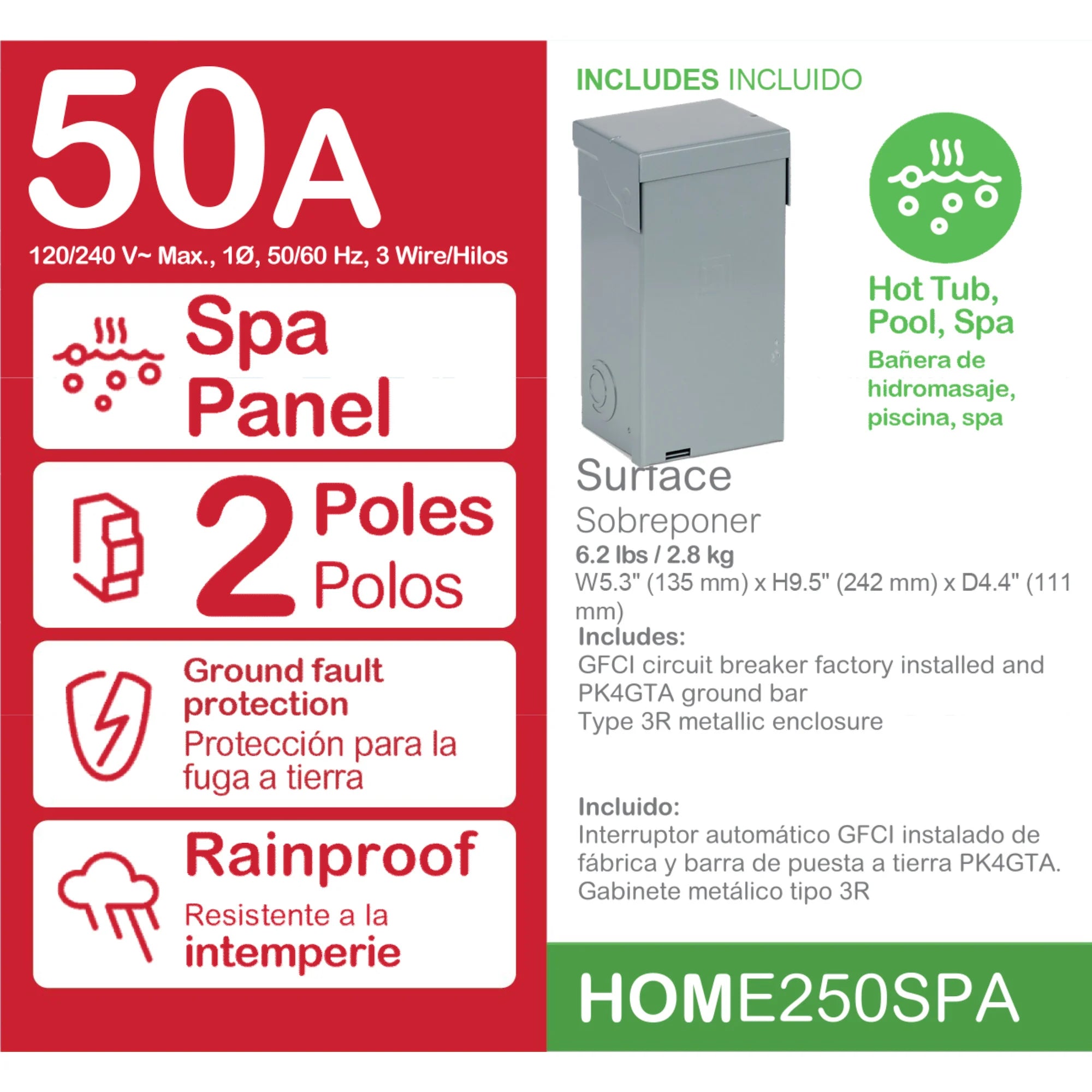 SCHNEIDER ELECTRIC Square D HOME250SPA Enclosed Circuit Breaker 50 Amp 120/240 VAC NEMA 3R