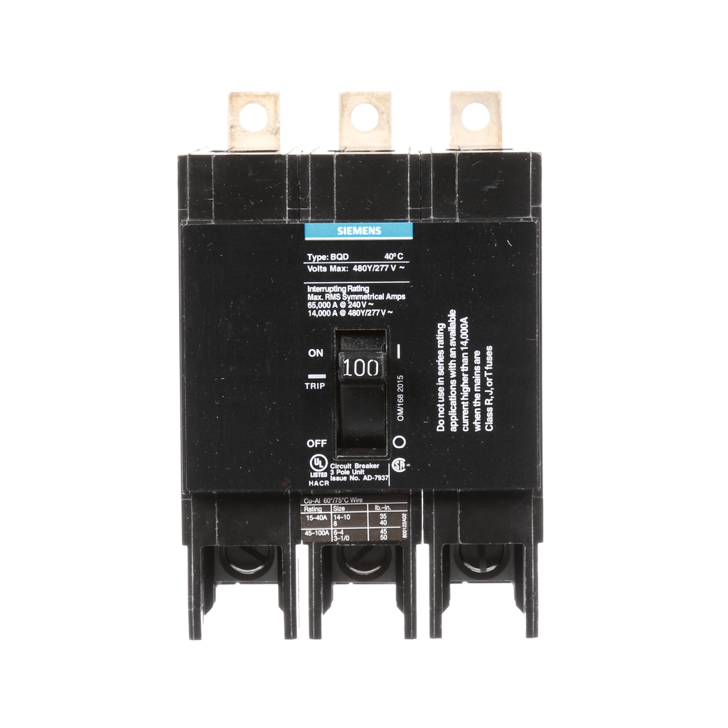 SIEMENS Siemens BQD3100 3-Pole 100 Amp 480 VAC 14 kA Circuit Breaker