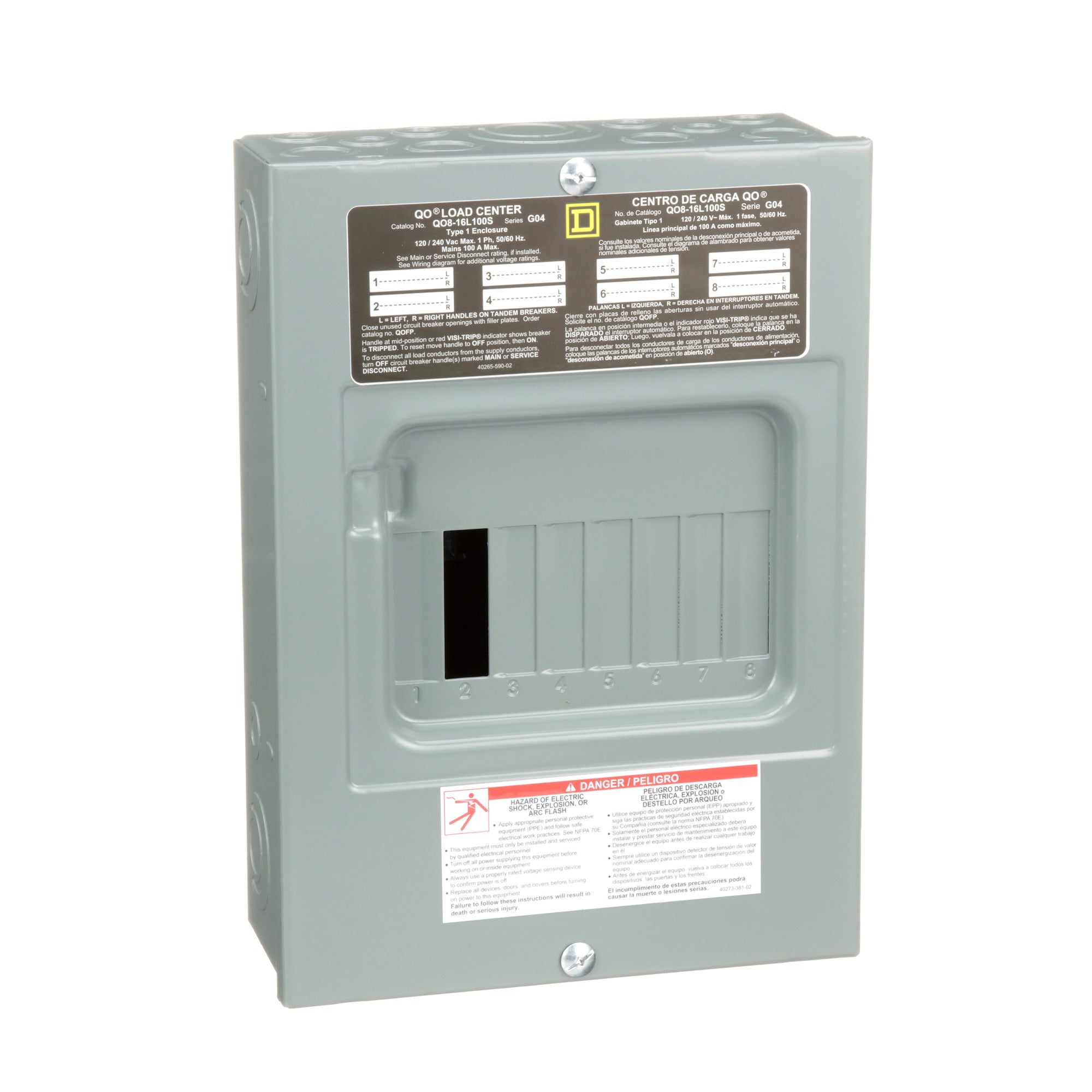 SCHNEIDER ELECTRIC Square D QO816L100S Load Center MLO 100A 120/240V 1Ph 8SP NEMA-1