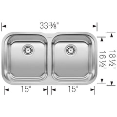 BLANCO BLANCO 441020 Stellar 33-3/8 x 18-1/2 in. No Hole Stainless Steel Double Bowl Undermount Kitchen Sink