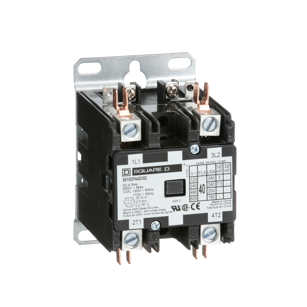 SCHNEIDER ELECTRIC Square D 8910DPA42V02 Non-Reversing Definite Purpose Contactor 110/120 VAC 40 Amp 2 Pole