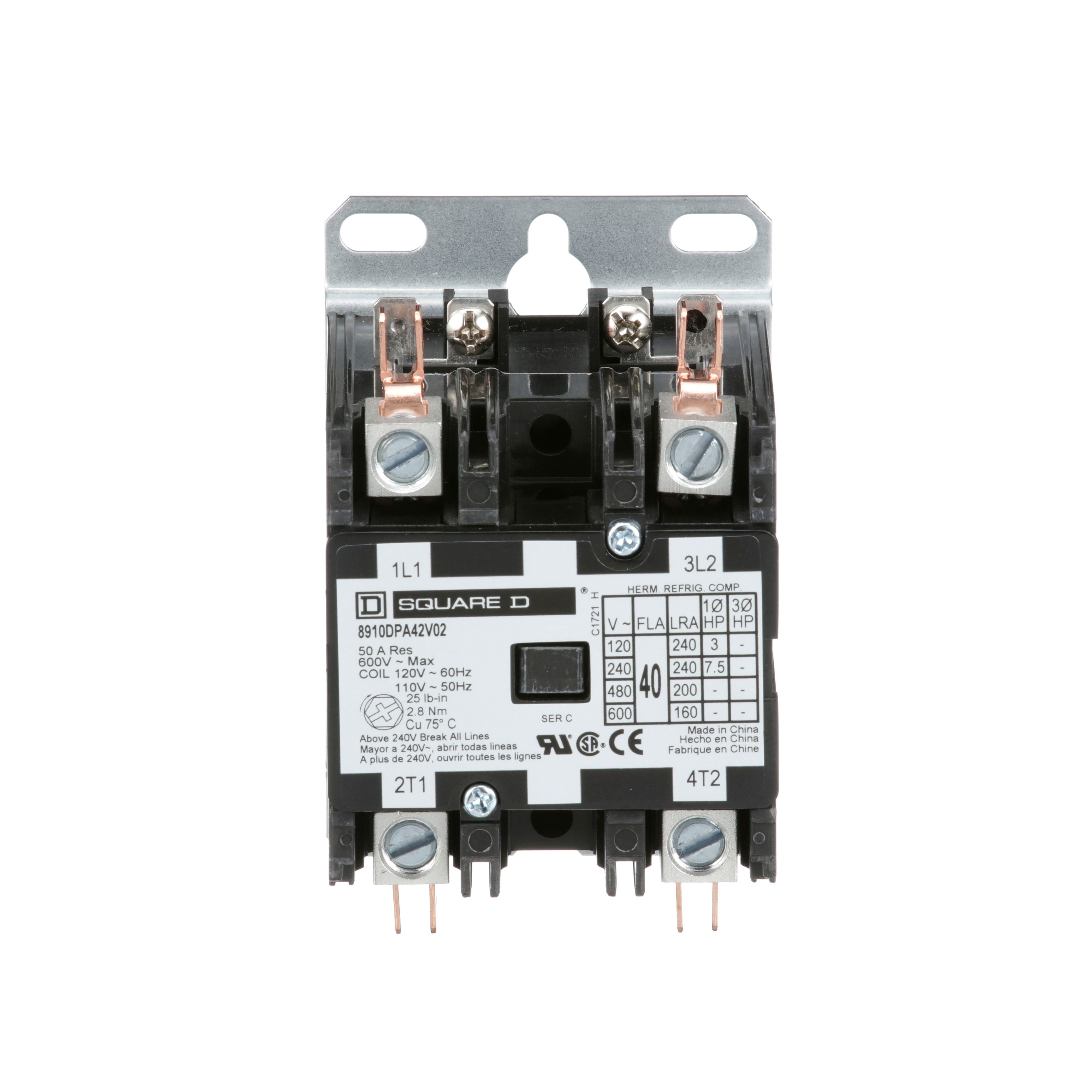 SCHNEIDER ELECTRIC Square D 8910DPA42V02 Non-Reversing Definite Purpose Contactor 110/120 VAC 40 Amp 2 Pole