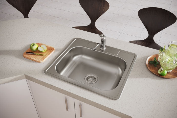 ELKAY Elkay D125221 25 x 22 x 6-9/16, 3-1/2 Drain, Satin, 22 Gauge, 300 Stainless Steel, 1-Hole, Drop-In, 1-Bowl, Kitchen Sink