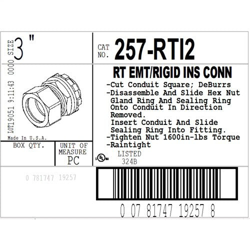 BRIDGEPORT Bridgeport 257-RTI2 EMT Raintight Compression Connector 3 in