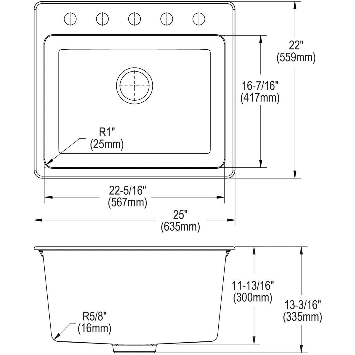 DAYTON Dayton DSE125221 Dayton Elite 25 x 22 in. 1 Hole Stainless Steel Single Bowl Drop-in Kitchen Sink in Elite Satin
