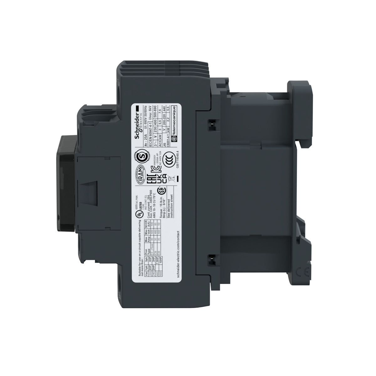 SCHNEIDER ELECTRIC Schneider Electric LC1DT25U7 Square D 600 VAC 25 Amp 4-Pole 1NO 1NC Screw Terminal Full Voltage Non-Reversing IEC Contactor