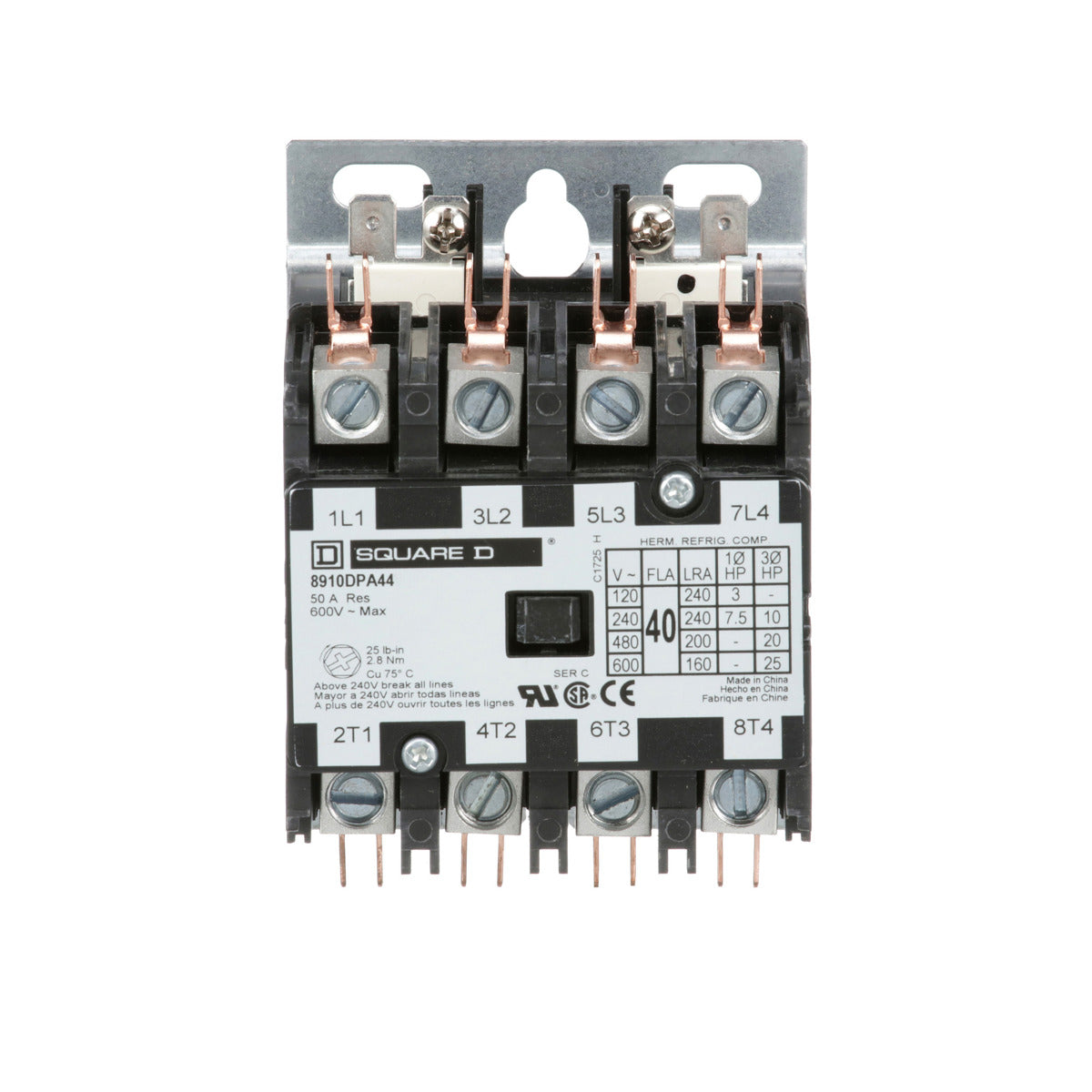 SCHNEIDER ELECTRIC Square D 8910DPA44V06 Contactor Definite Purpose 40A 4 Pole 25 HP at 575 VAC 3 Phase 440/480 VAC 50/60 Hz Coil