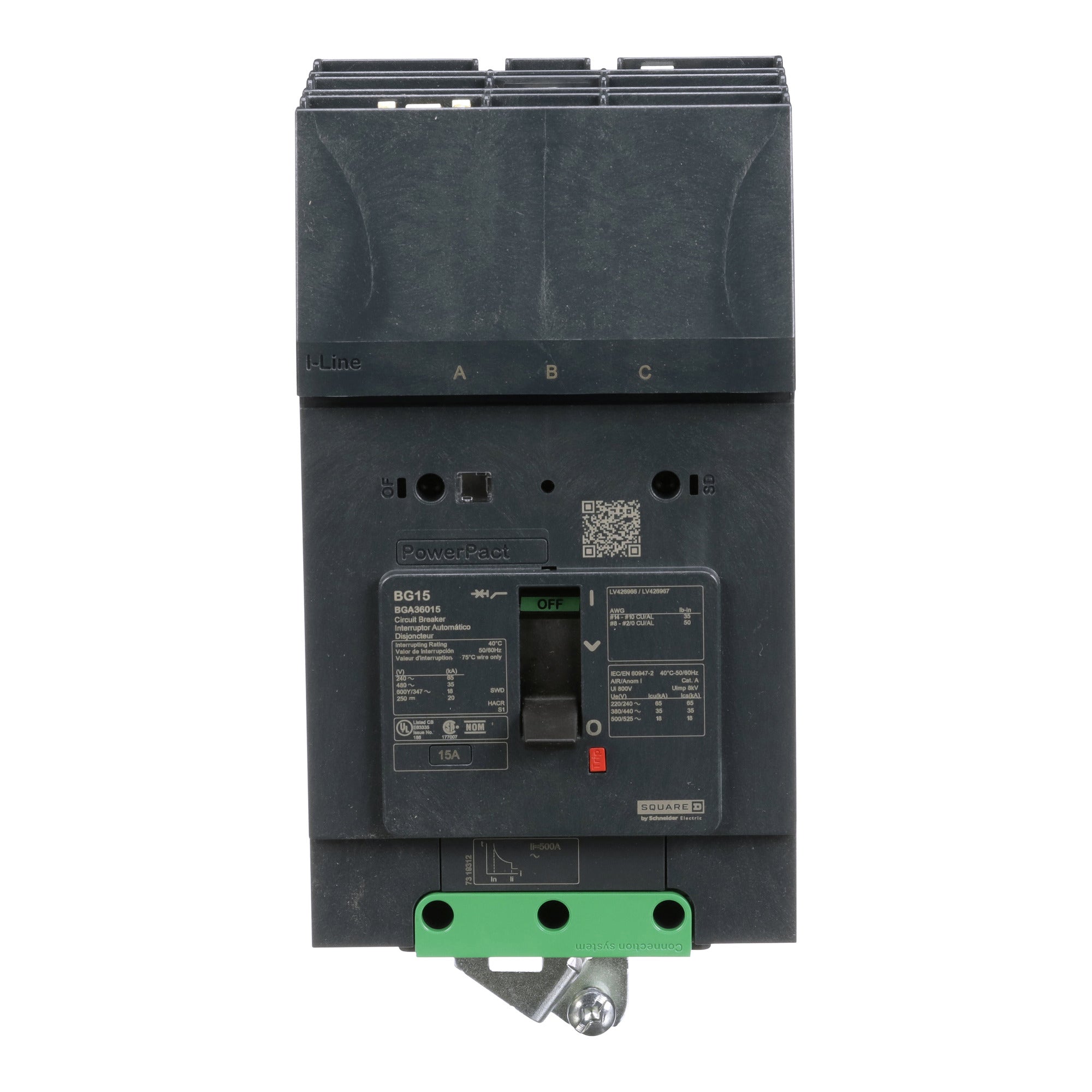 SCHNEIDER ELECTRIC Square D BGA36015 Circuit Breaker PowerPacT B 15A 3 Pole 600Y/347VAC 18kA I-Line Thermal Magnetic 80% ABC
