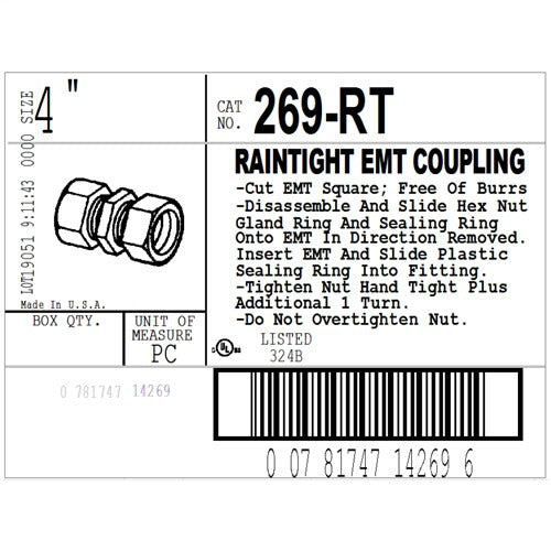 BRIDGEPORT Bridgeport 269-RT Coupling Compression 4in Aluminum EMT Fitting