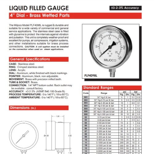 MILJOCO Miljoco PLF4098L05 4 0-100 Liquid Gauge Stainless Steel/Brass