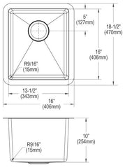 ELKAY Elkay EFRU131610T Crosstown 16 Gauge Stainless Steel 16 x 18-1/2 x 10 Single Bowl Undermount Sink