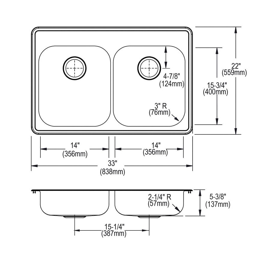 ELKAY Elkay GE233223 Dayton Kitchen Sink, Satin, 33 in L x 22 in W x 5-3/8 in H