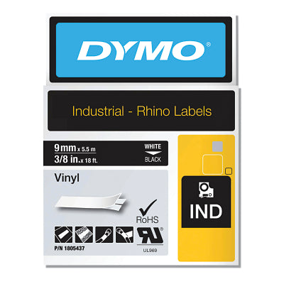 DYMO DYMO 1805437 Rhino Black Vinyl Tape, 9mm, White Text