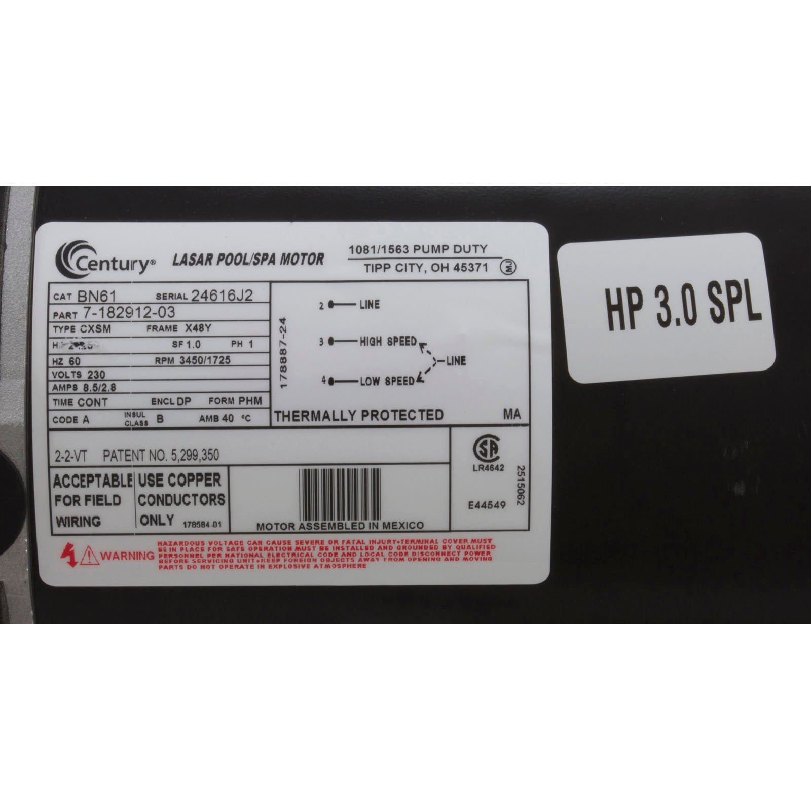 CENTURY MOTORS Century BN61 Flex-48 LASAR-XL Extra Low Amps Above Ground Pool & Spa Motor (230V, 3450/1725 RPM, 2, 1/4 HP)