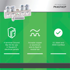 SCHNEIDER ELECTRIC Square D PK4GTA 1.63 Inch 14 to 4/14 to 12 AWG Copper/Aluminum 4-Terminal Load Center Ground Bar Kit