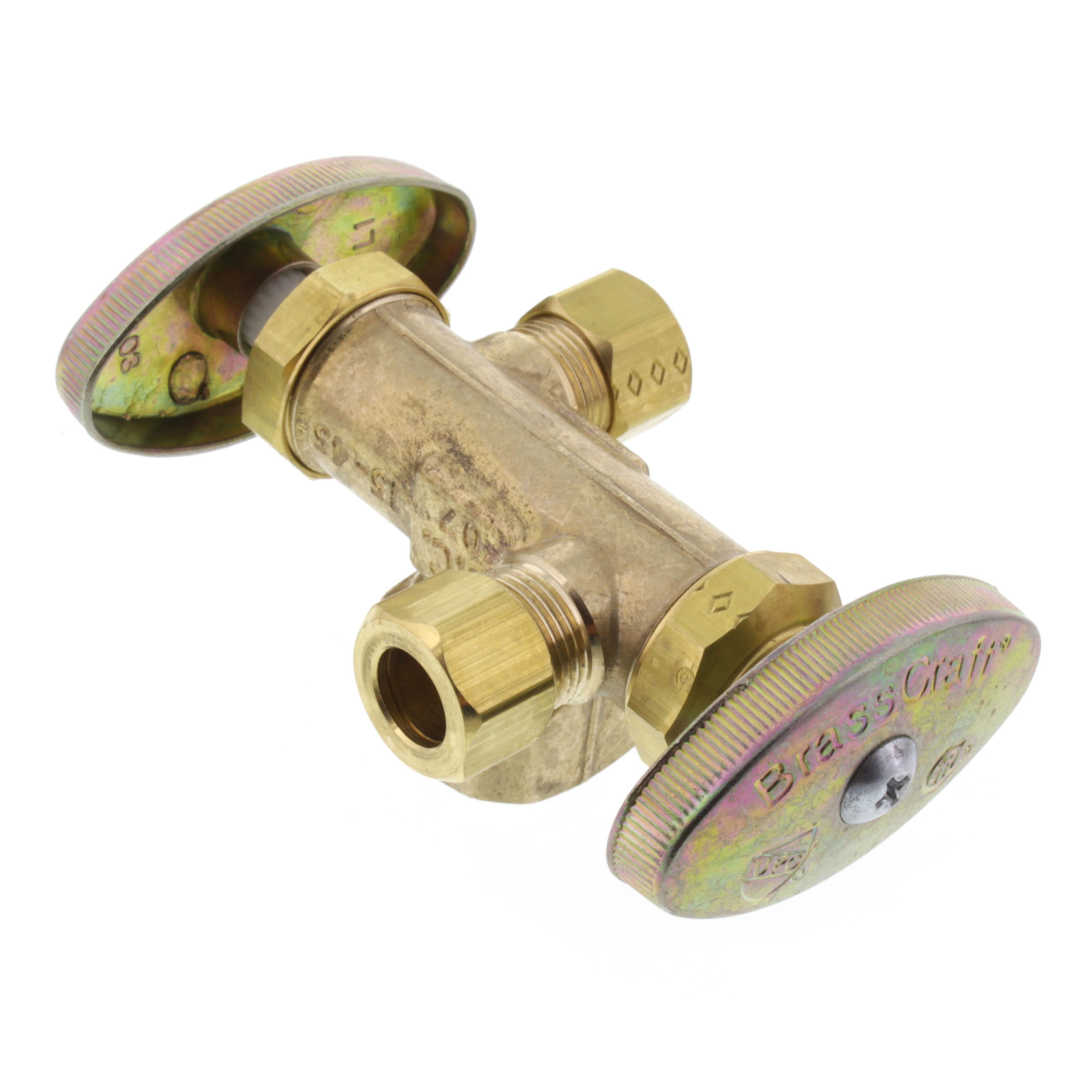 BRASSCRAFT BrassCraft R1701DVXR 1/2 x 3/8 x 3/8 in. FIP x OD Compression x OD Compression Dual Outlet Dual Shut-Off Multi-Turn Angle Supply Stop Valve