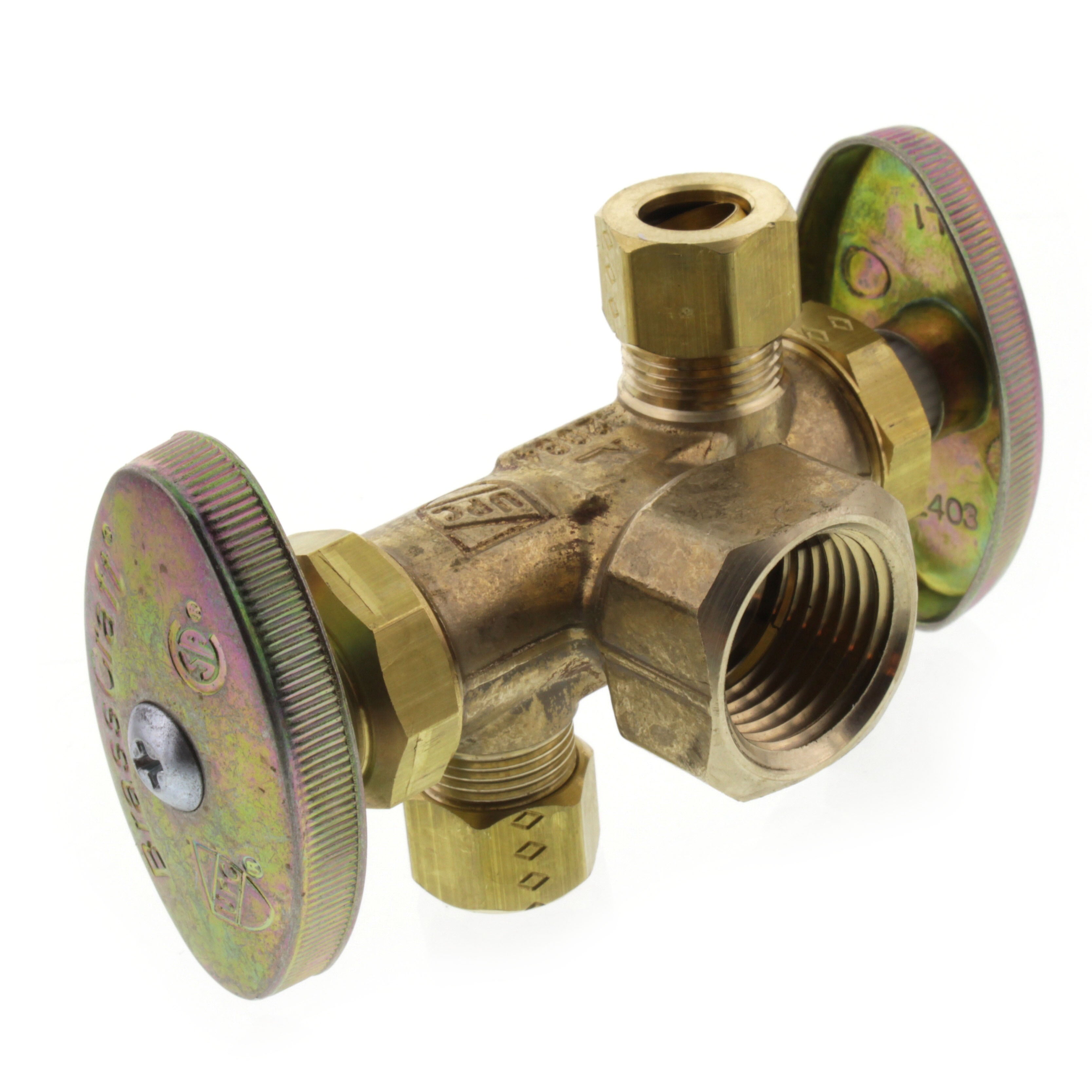 BRASSCRAFT BrassCraft R1701DVXR 1/2 x 3/8 x 3/8 in. FIP x OD Compression x OD Compression Dual Outlet Dual Shut-Off Multi-Turn Angle Supply Stop Valve