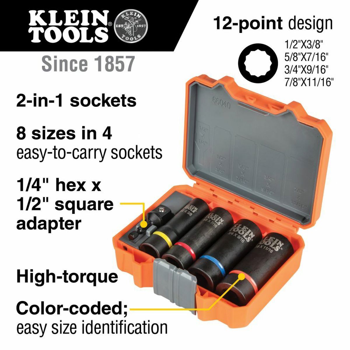 KLEIN TOOLS Klein Tools 66040 2-in-1 Impact Socket Set 12-Point 5-Piece