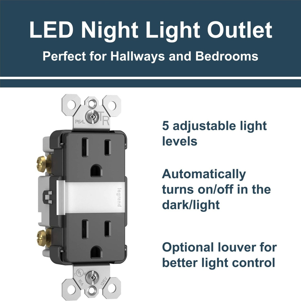 PASS & SEYMOUR Pass & Seymour NTL885TRBKCC6 15A 125V Tamper-Resistant Duplex Outlet w/ LED Night Light - Black