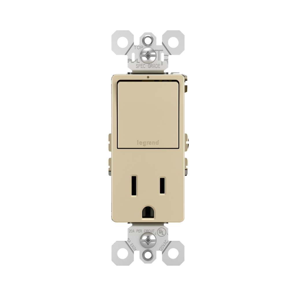 PASS & SEYMOUR Pass & Seymour RCD38TRI Combination Single Pole/3-Way Switch & Tamper Resistant Receptacle, 15A 120/125V - Ivory
