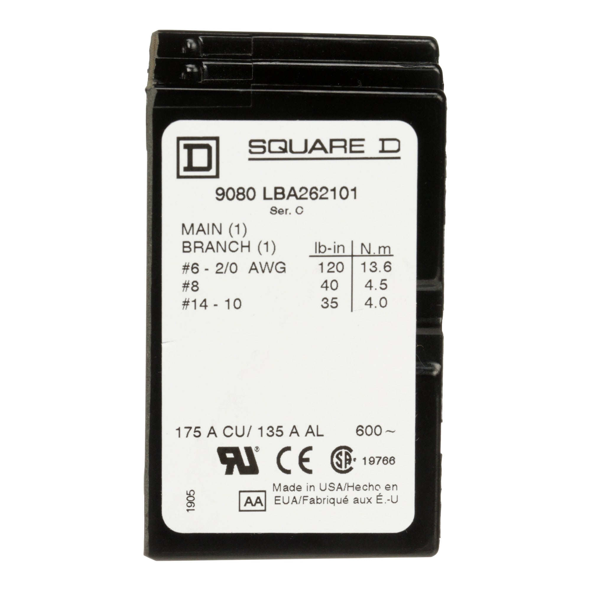 SCHNEIDER ELECTRIC Square D 9080LBA262101 Power Distribution Block 175 Amp 600 Volt