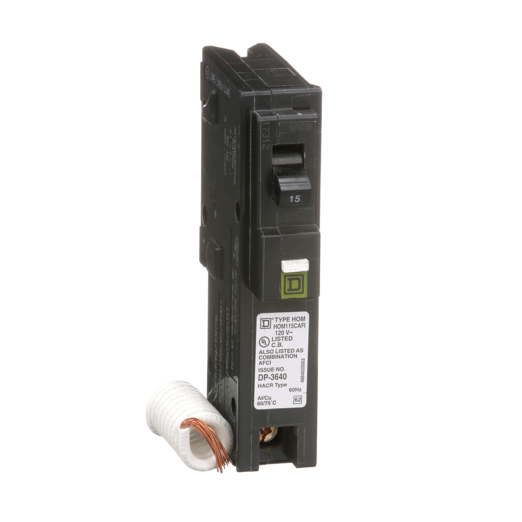 SCHNEIDER ELECTRIC Square D HOM115CAFI Miniature Circuit Breaker 15 Amp 120 Volt