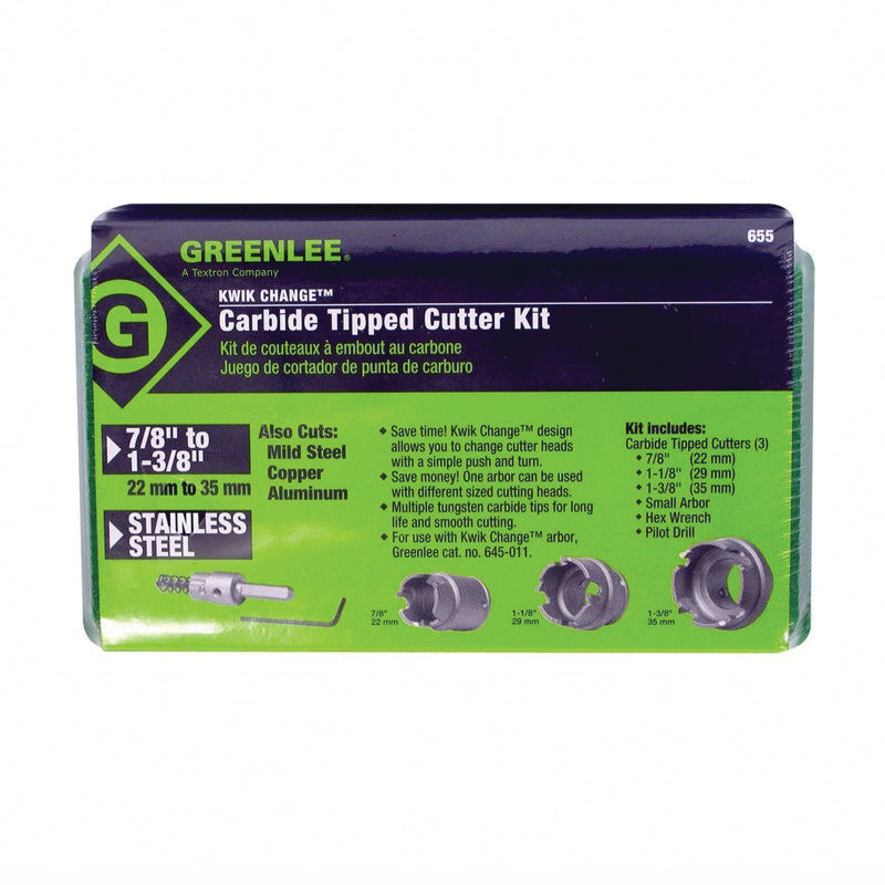 GREENLEE Greenlee 655 Hole Cutter Kit Quick Change 3 Pieces Carbide Tip