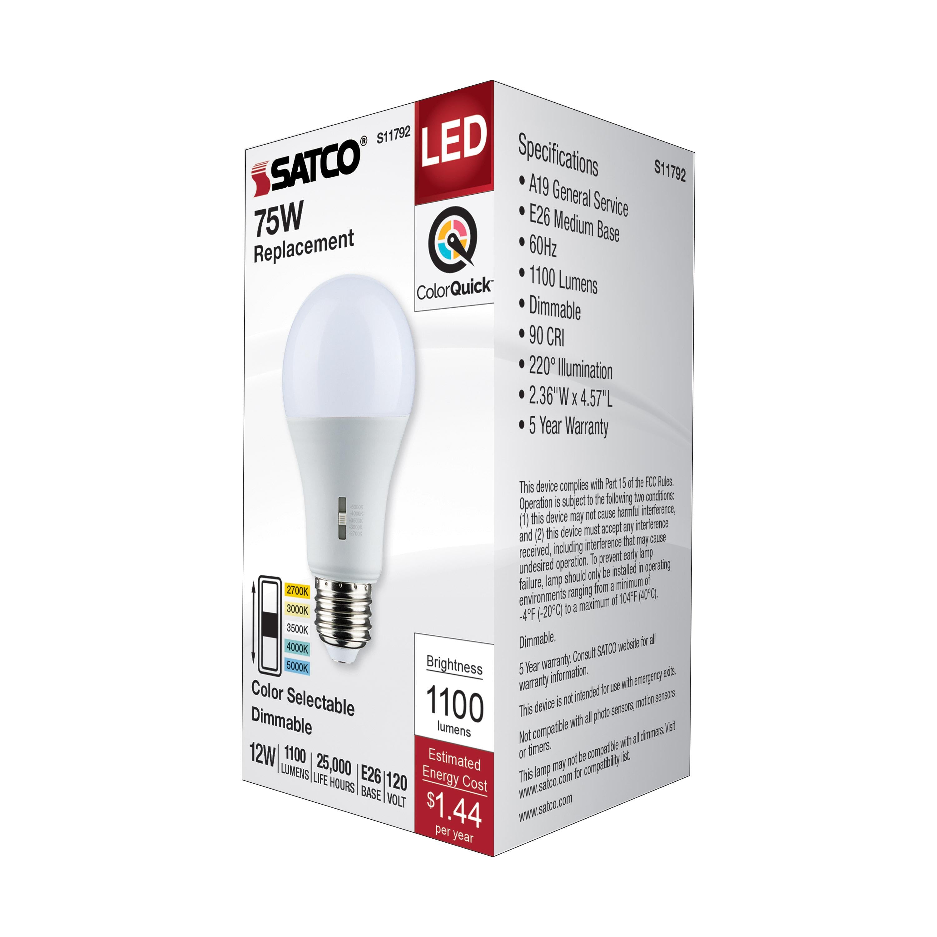 SATCO-NUVO SATCO S11792 Type A Lamp, 12 W, 75 W Incandescent Equivalent, E26 Medium Lamp Base, A19 Shape, 1100 Lumens