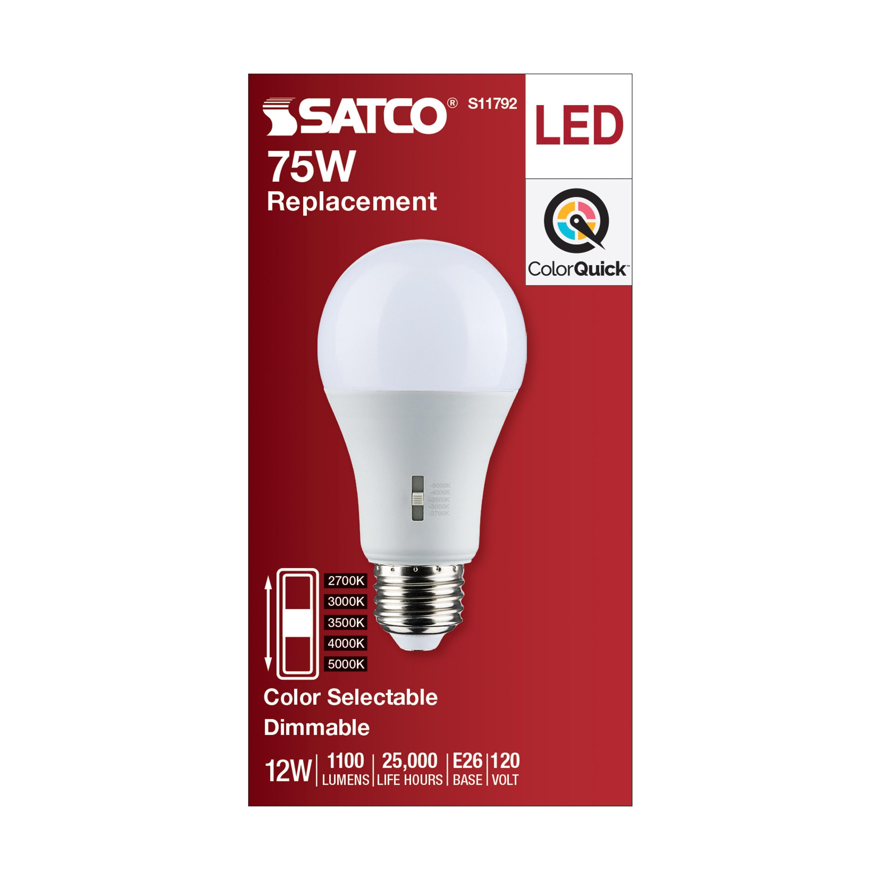 SATCO-NUVO SATCO S11792 Type A Lamp, 12 W, 75 W Incandescent Equivalent, E26 Medium Lamp Base, A19 Shape, 1100 Lumens