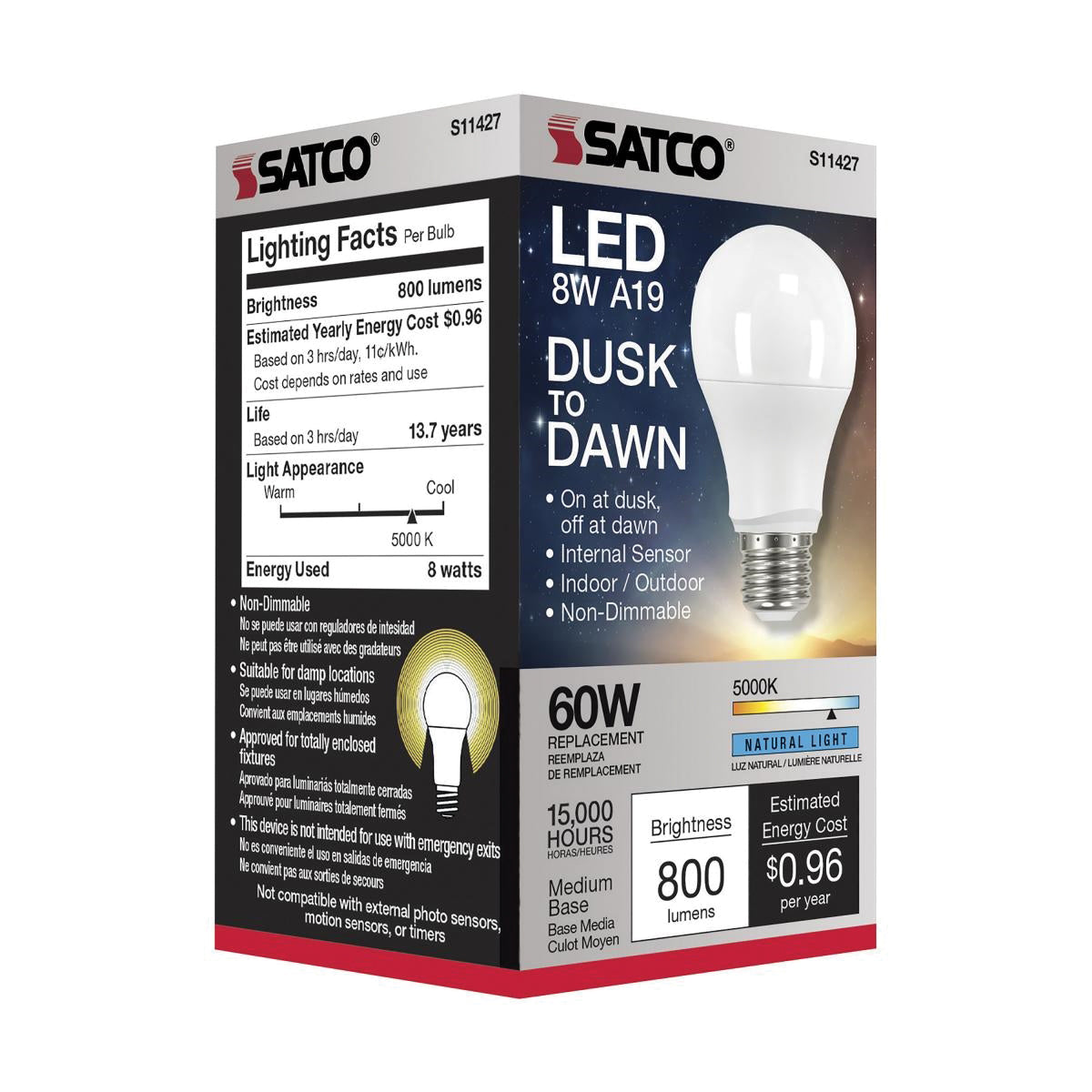 SATCO-NUVO SATCO S11427 Type A Dusk to Dawn Non-Dimmable LED Lamp With Photocell 8 W 60 W Incandescent Equivalent