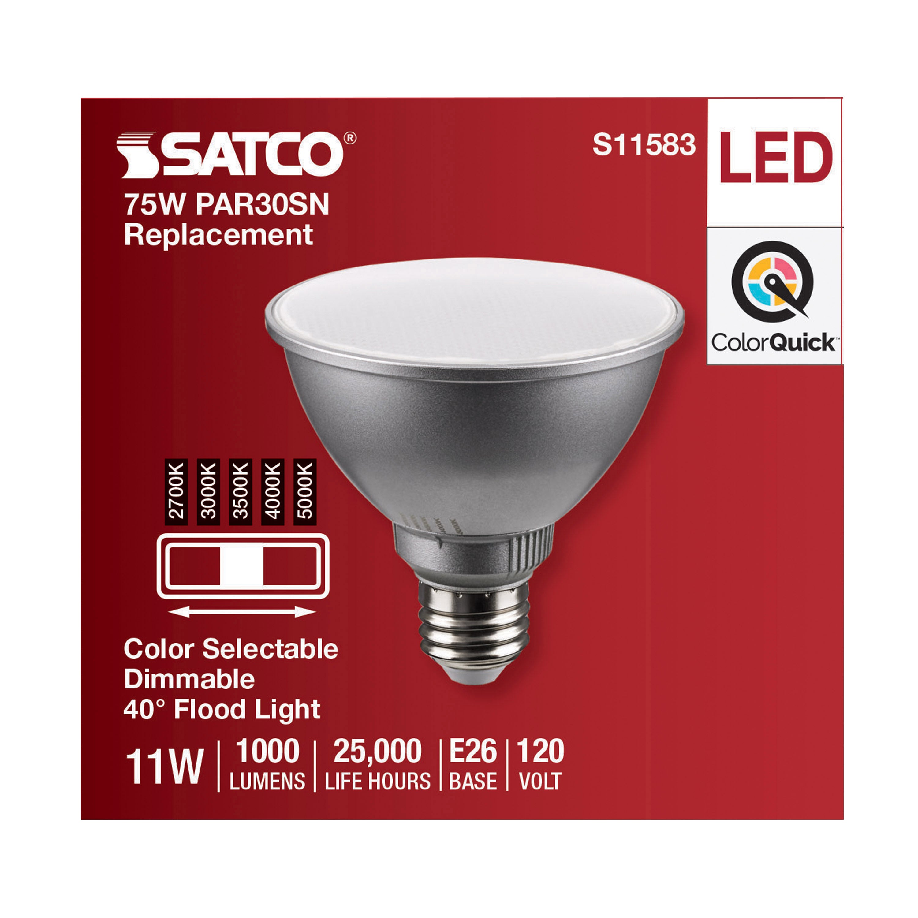 SATCO-NUVO SATCO S11583 PAR Lamp, 11 W, 75 W Incandescent Equivalent, E26 Medium Lamp Base LED Lamp, PAR30SN Shape, 1000 Lumens