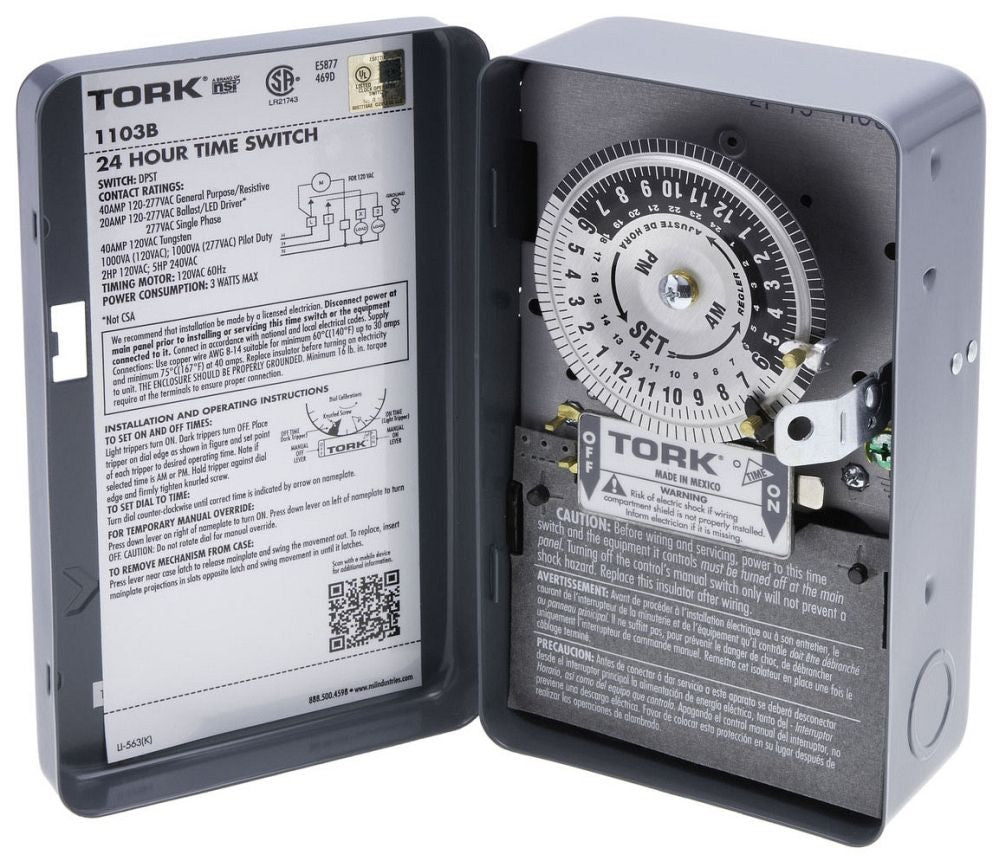 TORK Tork 1103B 120 VAC 60 Hz 40 Amp NEMA 1 24 Hour Metal DPST Electromechanical Time Switch
