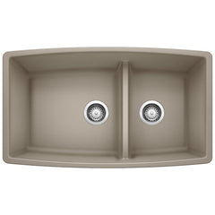 BLANCO BLANCO 441315 Performa 33 x 19 in. No Hole Composite Double Bowl Undermount Kitchen Sink in Truffle