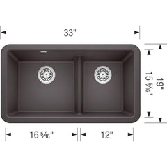 BLANCO BLANCO 402326 Ikon 33 x 19 in. No-Hole Granite Composite Double Bowl Farmhouse Kitchen Sink in Cinder