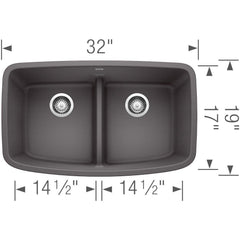 BLANCO BLANCO 442196 Valea 32 x 19 in. No Hole Composite Double Bowl Undermount Kitchen Sink in Cinder