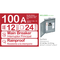 SCHNEIDER ELECTRIC Square D HOM1224M100PRB Load Center 100 Amp 120/240 VAC 12 Space NEMA 3R