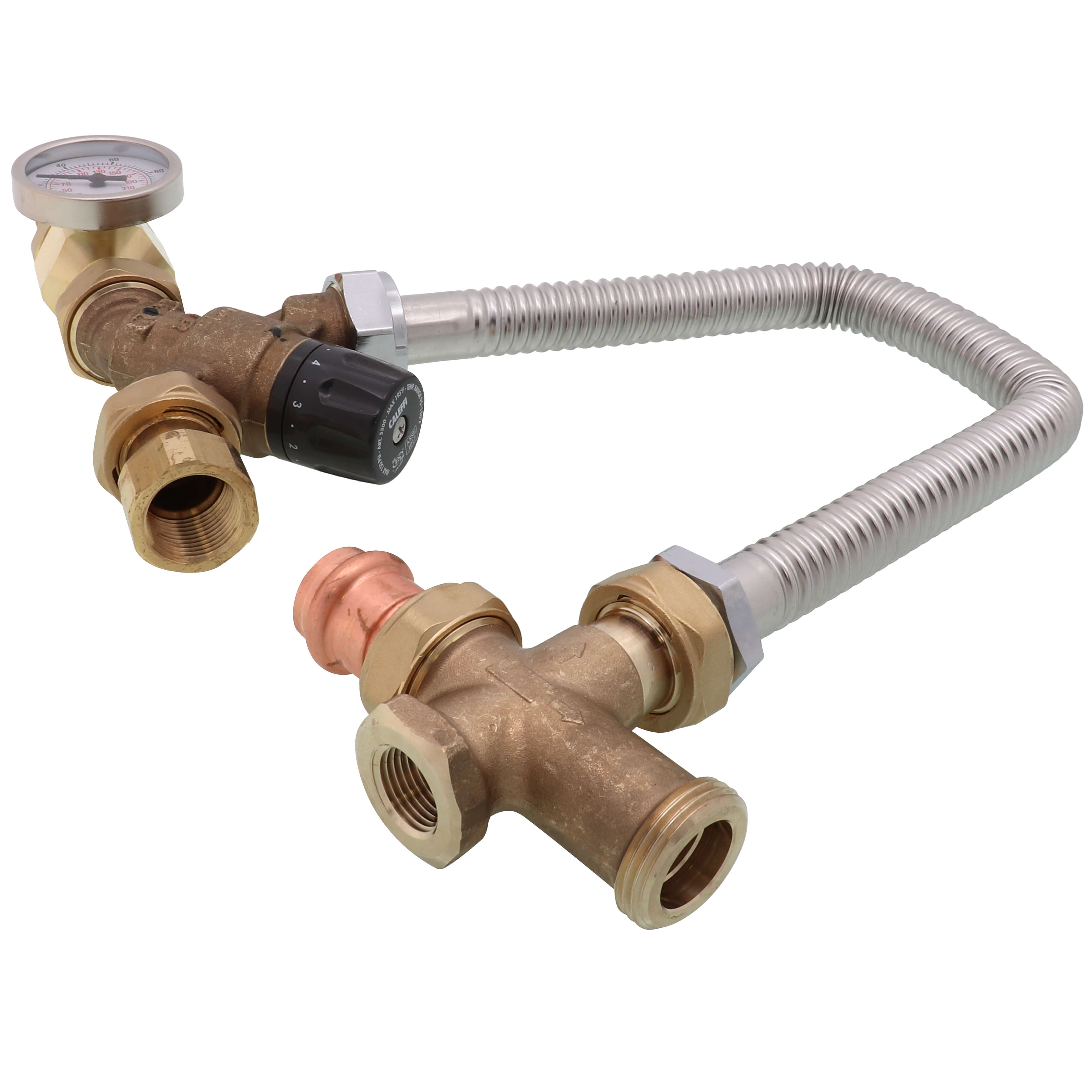 CALEFFI Caleffi 520516AX TankMixer 3-Way Mixing Valve 3/4 FNPT tank 18 flex hose cross 3/4 press system gauge