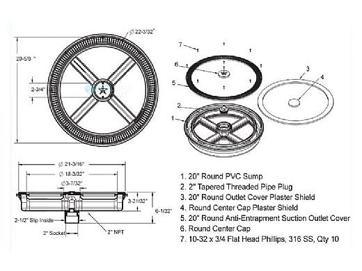 AQUASTAR POOL PRODUCTS AquaStar FC105 Full Circle Suction Outlet Cover and One-Port Manufactured Sump (VGB Series)