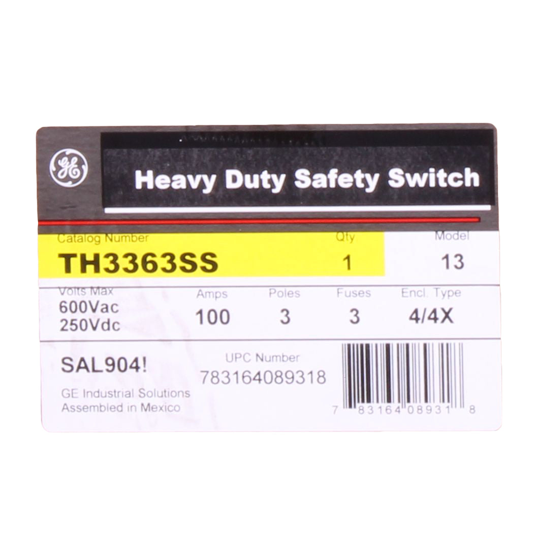 GENERAL ELECTRIC General Electric TH3363SS Spec-Setter Fused Heavy Duty Safety Switch, 600 VAC, 100 A, 30 hp, 3 Poles