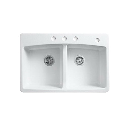 KOHLER Kohler K-5846-4-0 Brookfield Enameled Cast Iron 4-Hole Double-Bowl Top Mount Kitchen Sink