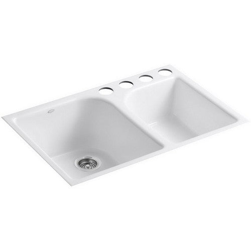 KOHLER Kohler K-5931-4U-0 Executive Chef Enameled Cast Iron 4-Hole Double-Bowl Offset Large/Medium Rectangular Undermount Kitchen Sink