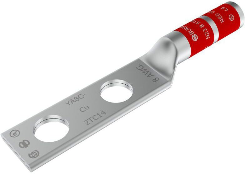 BURNDY BURNDY YA8C2TC14 8 AWG CU Two Hole 1/4 Stud Size 5/8 Hole Spacing Long Barrel Internal Chamfer