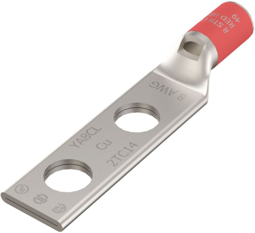 BURNDY BURNDY YA8CL2TC38 8 AWG CU, Two Hole, 3/8 Stud Size, 1 Hole Spacing, Standard Barrel, Inspection Window, Internal Chamfer, Tin Plated, UL/CSA, 90?C, Up to 35kV, Red Color Code, 49 Die Index